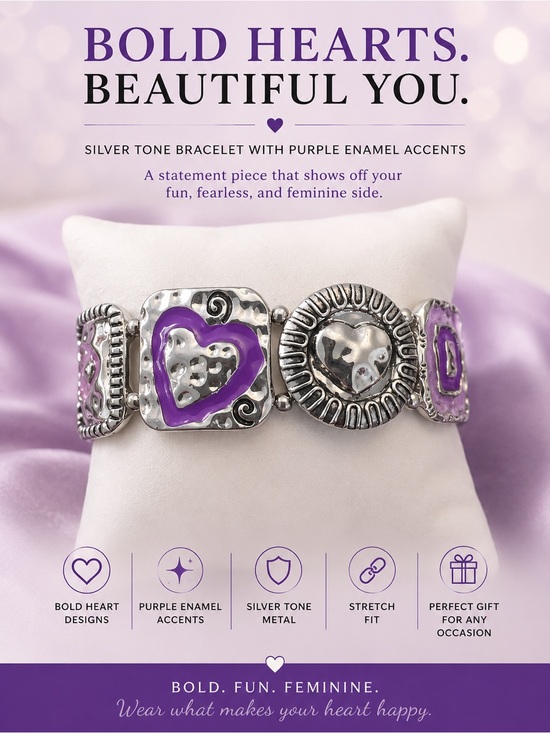 paparazzi Jewelry - paparazzi Silver-Tone Stretch Bracelet with Purple Enamel Hearts